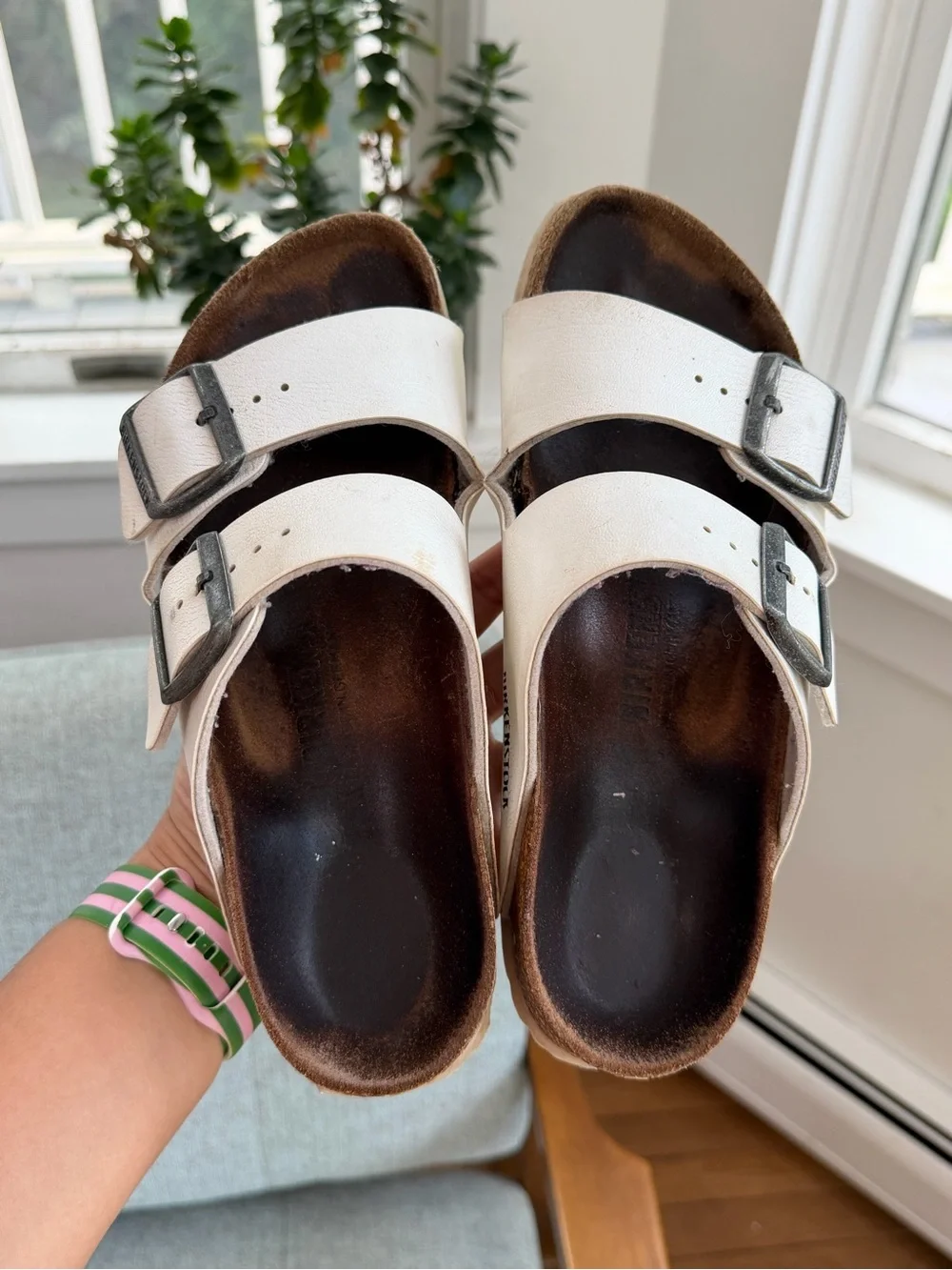 Well worn Birkenstocks Arizona white sandals EU size 38 US size 7